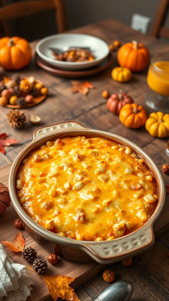 Golden brown corn casserole topped with melted cheese, served in a rustic dish on a Thanksgiving table.